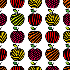 Seamless vector background with decorative colorful apples with leaves. Apples with Zebra stripes. Summer garden. Can be used for wallpaper, textile, invitation card, wrapping, web page background.