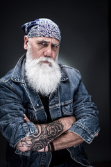 studio portrait of a senior hipster with a long white beard