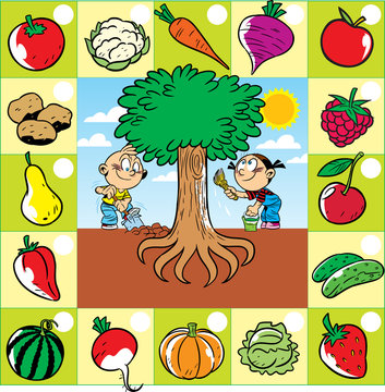 On vector illustration children work in the garden, a set of fruits and vegetables growing in and above the ground