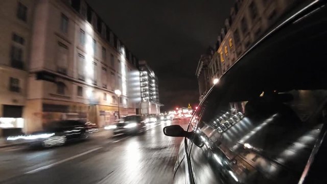 Hyperlapse Time Lapse Point Of View From A Car Driving On Paris City Centre Streets Architecture At Night Rush Hour