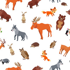 Wild Europe animals seamless pattern in flat style