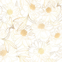 Seamless pattern with peony camelia flowers on white. Luxury bright shiny golden.