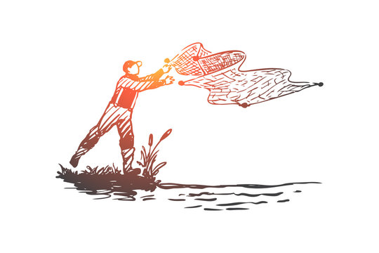 Man, fishing, net, river, nature concept. Hand drawn isolated vector.