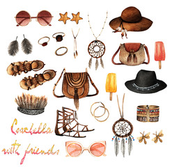 Fototapeta na wymiar Watercolor Fashion Illustration. set of trendy accessories. Coachella. hats, sunglasses, earrings, pendant, ring, bags, sandals, hair band, bracelet