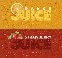 Drinks and juice background with drops and orange slice and strawberry