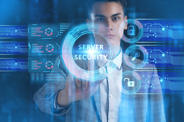 The concept of business, technology, the Internet and the network. A young entrepreneur working on a virtual screen of the future and sees the inscription: Server security