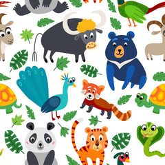 Wild Asia animals seamless pattern in flat style