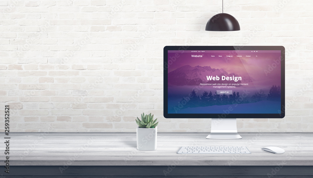 Poster Modern theme on computer display. Professional studio concept with free space on wall for text.