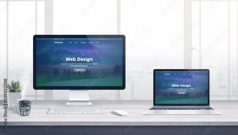 Poster Computer display and laptop on web development studio work desk. Concept of modern, responsive web site design.
