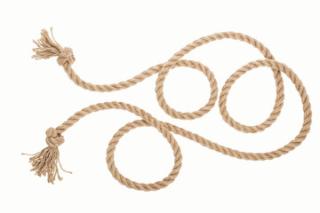 brown jute rope with curls and knots isolated on white