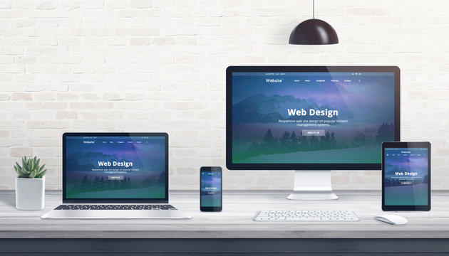 Modern flat design, responsive web site on multiple devices. Concept of web development studio work desk.
