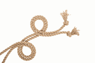 curled brown and jute ropes with knots isolated on white