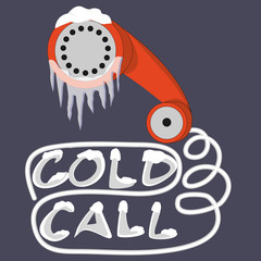 Fototapeta na wymiar Cold call marketing strategy for lead generation business. Red vintage phone handset is covered with ice and snow on grey background. Letter typography is white. Art placard of inbound process