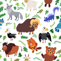 Wild North America animals seamless pattern in flat style