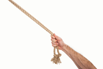 cropped view of man holding brown ropes in hand isolated on white