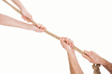cropped view of man and woman pulling brown rope isolated on white