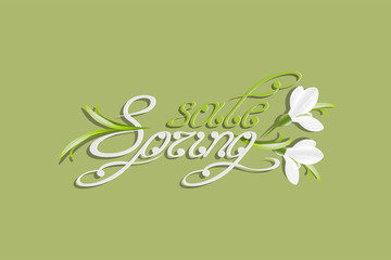Spring sale inscription isolated on green background. Mockup with snowdrops flowers. Swirl handwritten text. Useful for special offer and banners. Vector, EPS 10