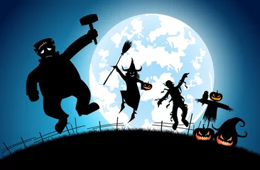 Fototapeten illustration blue background concept,many people with men and women wearing as ghost and devil for festival halloween,full moon on dark night with happy children for celebration halloween day © toodtuphoto
