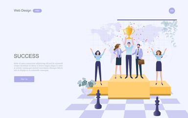 Business concept for successful business people team winner and achievement. Big trophy for businessman. Vector illustration template,web banner with people, team.
