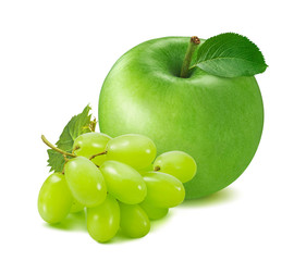 Fresh green apple and grapes isolated on white background