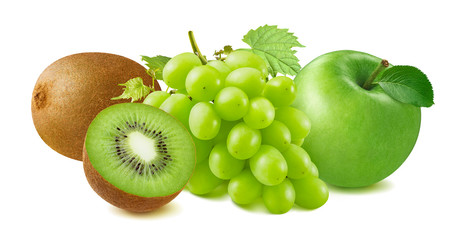 Kiwi, green grapes and apple group isolated on white background