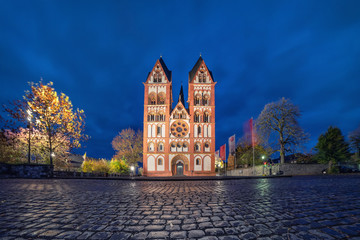 Facade of Limburg Cathedral (Dom zu Limburg) at dusk, Limburg an der Lahn, Germany