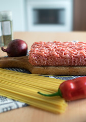 Preparation of Italian food / Spaghetti bolognese / ingredients