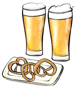 beer glasses and pretzels on plate clip art preview