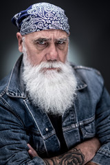 studio portrait of a senior hipster with a long white beard