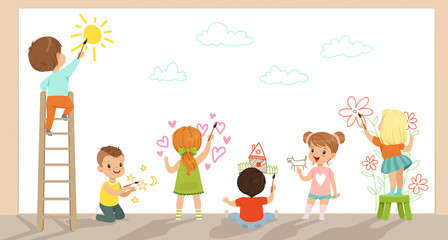 Preschool kids painting with brushes and paints on white wall vector Illustration