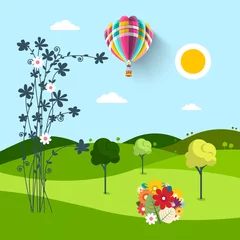 Foto op Canvas Spring Meadow with Flowers, Trees and Hot Air Balloon on Blue Sky. Sunny Day in Park. © mejn