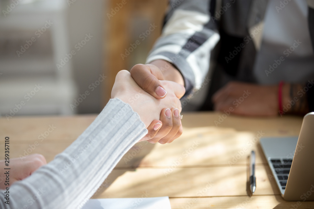 Wall mural people shaking hands in office at meeting