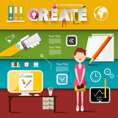 Creativity Vector Concept with Create Title and Professional Tools in Design Studio with Woman in Office