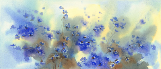 Blue flowers in the spring forest watercolor background.