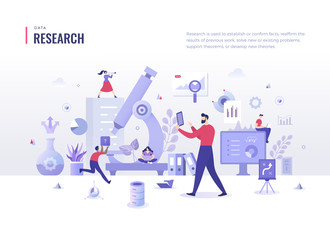 Research Flat Illustration Concept. Search for information, analyze business processes. Scientific approach in problem solving