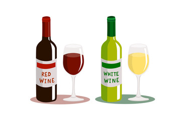 Red wine and white wine isolated on white background.