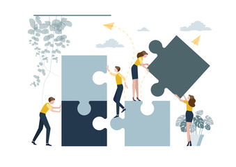 Business concept. Team people connecting puzzle elements.  Symbol of teamwork, cooperation, partnership. Vector ililustration.