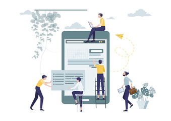 Business concept. People are building a business on the internet,promotion of business online, ideas. Symbol of teamwork, cooperation, partnership. Vector ililustration.
