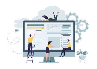 Business concept. People are building a business on the internet,promotion of business online, ideas. Symbol of teamwork, cooperation, partnership. Vector ililustration.