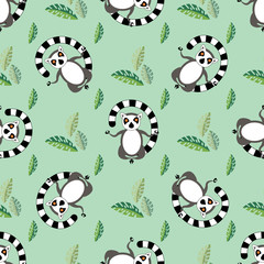 cute Cartoon meditating lemur vector seamless pattern