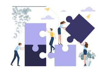 Business concept. Team people connecting puzzle elements.  Symbol of teamwork, cooperation, partnership. Vector ililustration.