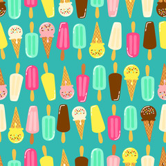 Cute Ice Cream collection seamless pattern in vivid tasty colors ideal for wrapping paper, package etc