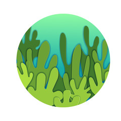 Paper abstract underwater sea bottom in alga, waves. Paper cut deep style vector. Deep blue marine life, diving concept. Round template with 3d paper cut green seaweed on gradient background