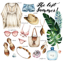 Watercolor Fashion Illustration. set of trendy accessories.The best summer. tunic, shorts, hat, swimsuit, sunglasses,bag, pendant, earrings,bracelet, shoes, perfume