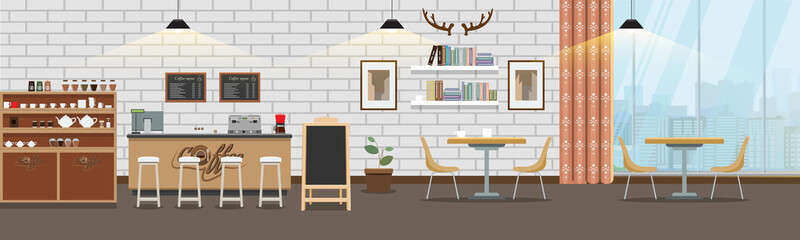 Empty cafe interior. Cofee shop Bar counter with flat and solid color style. Vector illustration - obrazy, fototapety, plakaty