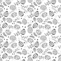 Seamless easter pattern with ornamental black hand drawn eggs, leaves, butterflies on white background. Easter holiday background. Vector illustration.