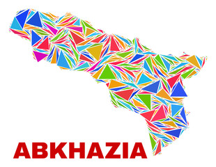 Mosaic Abkhazia map of triangles in bright colors isolated on a white background. Triangular collage in shape of Abkhazia map. Abstract design for patriotic illustrations.