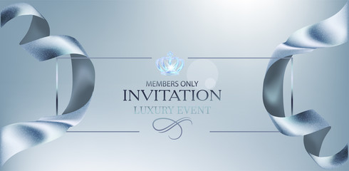 Elegant blue invitation card with curly beautiful ribbon. Vector illustration