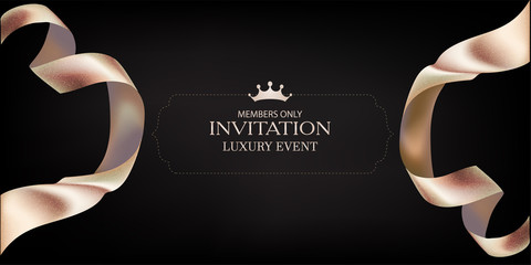 Elegant invitation card with golden curly ribbons. Vector illustration