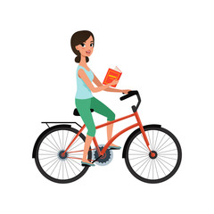 Young beautiful woman riding bicycle with book in her hand, active lifestyle concept vector Illustrations on a white background